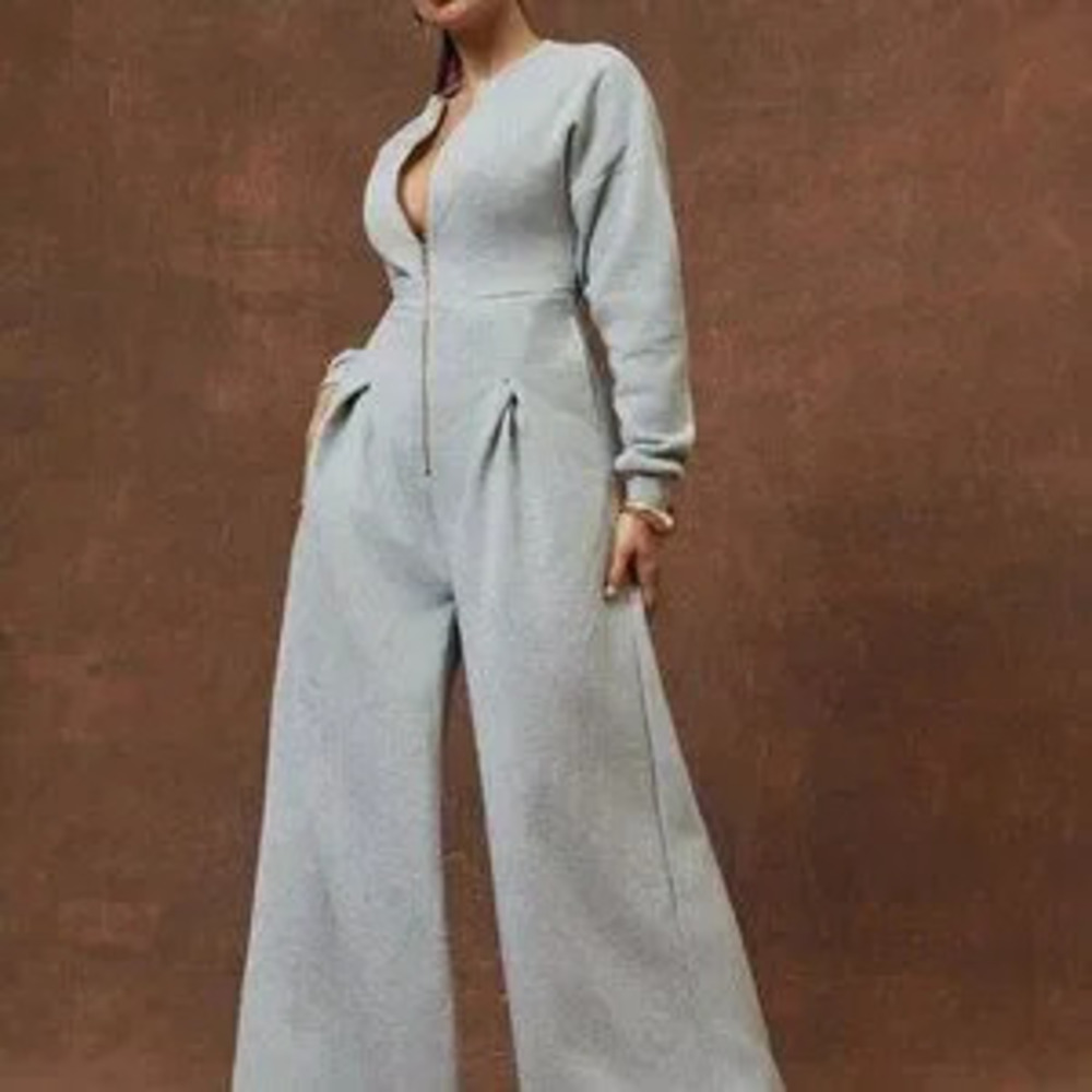 Grey Casual Women's Heavy Weight Fleece Long Sleeve Jumpsuit